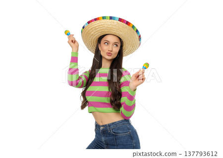 Woman in sombrero celebrates Cinco de Mayo, isolated, PNG Woman in sombrero celebrates Cinco de Mayo, isolated, PNG 137793612