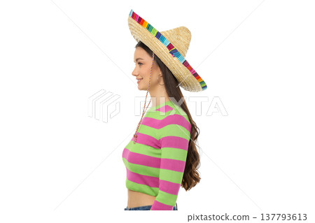 Woman in sombrero enjoys a festive moment, isolated, PNG Woman in sombrero enjoys a festive moment, isolated, PNG 137793613