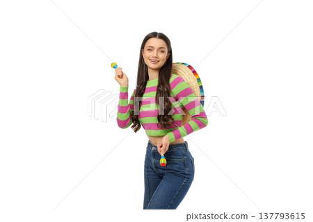 Festively dressed woman enjoys Cinco de Mayo, isolated, PNG Festively dressed woman enjoys Cinco de Mayo, isolated, PNG 137793615