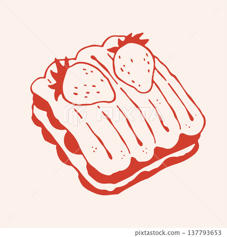 Hand drawn vector illustration of a puff pastry dessert with cream and strawberries. Minimalist red line art of millefeuille cake slice for gourmet cafe menu and bakery design Hand drawn vector illustration of a puff pastry dessert with cream and strawberries. Minimalist red line art of millefeuille cake slice for gourmet cafe menu and bakery design 137793653