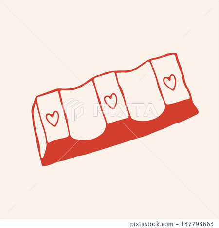 Vector illustration of a chocolate praline or candy bar with heart patterns. Hand drawn red line art of romantic sweet treat for Valentines day and wedding dessert design Vector illustration of a chocolate praline or candy bar with heart patterns. Hand drawn red line art of romantic sweet treat for Valentines day and wedding dessert design 137793663