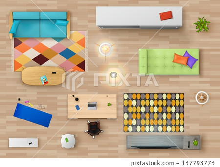 Top view interior furniture. Home office or cabinet room plan, furniture realistic vector top view layout. House or apartment living room floorplan with work table, sofa, TV stand and fitness mat Top view interior furniture. Home office or cabinet room plan, furniture realistic vector top view layout. House or apartment living room floorplan with work table, sofa, TV stand and fitness mat 137793773