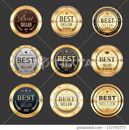 Best seller award seals, golden badges and labels, medals or marks with laurel wreaths, stars and crowns. Vector bestseller award and gold medal badges set for book, brand or product promotion 137793777