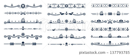 Pirate frame border and corsair dividers, piracy decorations. Sea ship ropes vector dividers set with sailor pirate knots, sail boats and treasure chests, corsair captain hats, skulls and crossbones 137793785