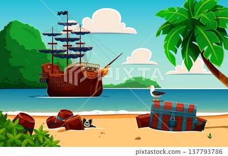 Pirate sail ship near the tropical Caribbean island, treasure chest and barrels on the sand beach, vector game background. Cartoon pirate treasure island landscape with sail ship anchoring in lagoon 137793786