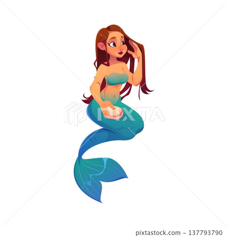Pirate icon of cartoon mermaid character or funny sea siren, vector personage. Caribbean pirate adventure character of young mermaid girl or ocean nymph with seashell for underwater game creature 137793790