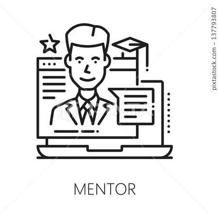 Online education mentor line icon or label. Internet classes thin line icon, web course outline vector sign. Online education lineart pictogram or symbol with mentor man character on laptop screen Online education mentor line icon or label. Internet classes thin line icon, web course outline vector sign. Online education lineart pictogram or symbol with mentor man character on laptop screen 137793807