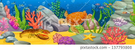 Cartoon sea turtle, lobster, tropical fish and coral reef under water landscape. Ocean underwater bottom scene vector background with sea turtle animal and plants, starfish, seashell and seaweeds 137793808