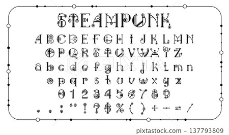 Machine steampunk font, mechanic gear typeface letters. Vector vintage steampunk type english alphabet set with letters and numbers made of steam engine pipes, rivets and gears. Retro industrial font 137793809