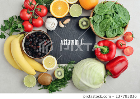 Healthy foods containing vitamin C (Ascorbic acid). 137793836