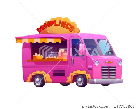 Cartoon dumplings food truck, cafe vintage foodtruck. Street vintage snack shop mobile booth, festival isolated foodtruck vector car. Dumplings retro food truck bus or fair cartoon van kiosk 137793865