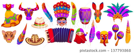 Barranquilla Colombian carnival holiday set. Vector Latin American festival traditional costumes, feathers, drum, maracas, animal masks, hats and instruments for celebrating culture and music carnival Barranquilla Colombian carnival holiday set. Vector Latin American festival traditional costumes, feathers, drum, maracas, animal masks, hats and instruments for celebrating culture and music carnival 137793868