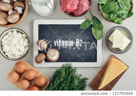 Healthy foods containing vitamin B2 (Riboflavinum). 137793889