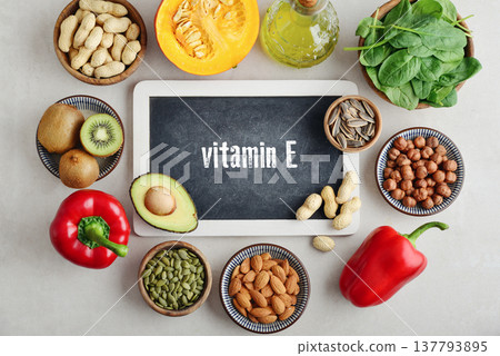 Healthy foods containing vitamin E (Tocopherolum). 137793895