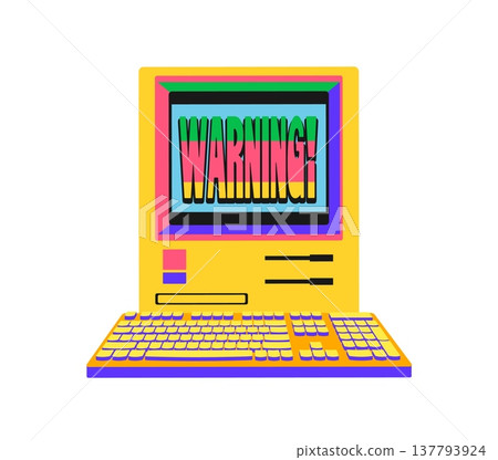 Vintage computer Y2K groovy sticker or funky tag. Digital technology funky vector patch, 1990s PC device Y2K label. Electronics hardware groovy sticker with warning text on retro PC computer monitor Vintage computer Y2K groovy sticker or funky tag. Digital technology funky vector patch, 1990s PC device Y2K label. Electronics hardware groovy sticker with warning text on retro PC computer monitor 137793924