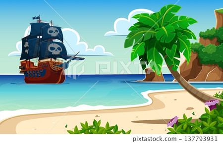 Pirate ship sails near island at Caribbean sea with Jolly Roger flags, cartoon vector landscape background. Pirate ship or corsair sailboat with black sails and skull crossbones at treasure island 137793931