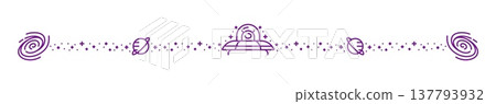 Outer space alien UFO and galaxy line divider. Galaxy outer space exploration divider, cosmos discovery vector frame border. Astronomy underline with alien flying saucer spaceship, stars and planets 137793932