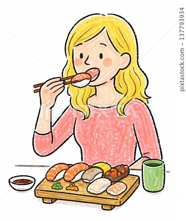A blonde Western woman eating nigiri sushi A blonde Western woman eating nigiri sushi 137793934