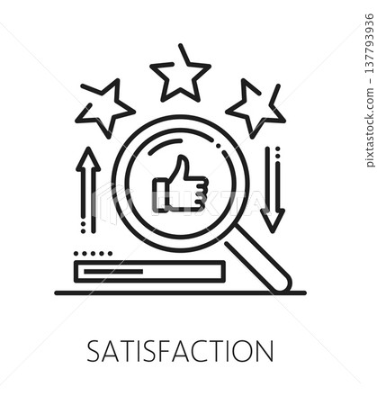 Product quality satisfaction inspection line icon or label. Product review icon, quality inspection vector symbol. Regulation certification pictogram with rating stars, thumbs up and magnifying glass 137793936