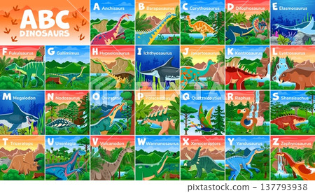 Kids dinosaurs english alphabet font typeset. English alphabet vector letters, extinct reptiles font typeset with prehistoric land and aquatic dinosaurs cute cartoon character in jungle landscape 137793938