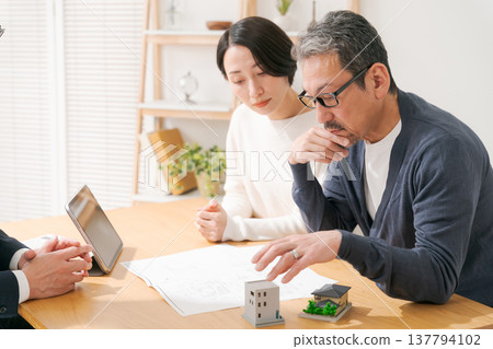 A middle-aged couple discussing the matter while looking at the blueprints. 137794102