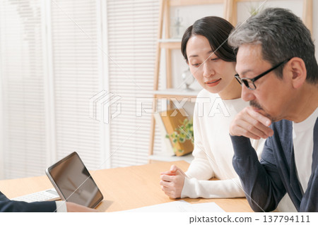 A middle-aged couple discussing the matter while looking at the blueprints. 137794111