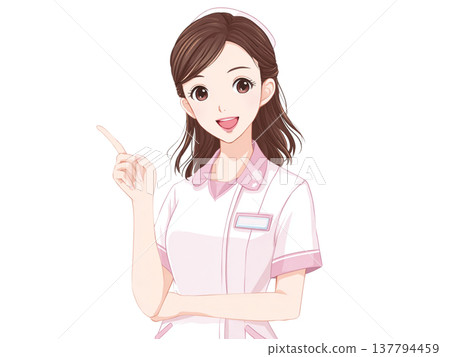 一張柔和的動漫風格插畫,描繪了一位女護士指著某人引導方向。 一張柔和的動漫風格插畫,描繪了一位女護士指著某人引導方向。 137794459