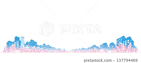 一幅描繪春日小鎮景色的插圖，櫻花盛開。 137794469