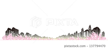 一幅描繪春日小鎮景色的插圖，櫻花盛開。 137794470