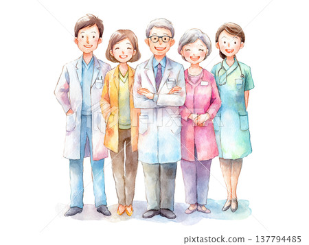 一幅水彩風格的插圖，描繪了醫護人員和老年人在一起的情景。 137794485
