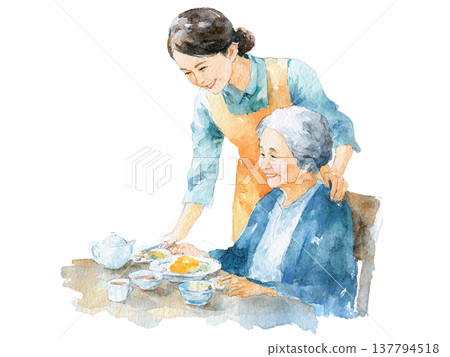 A watercolor-style illustration of a caregiver watching over an elderly person during their meal. A watercolor-style illustration of a caregiver watching over an elderly person during their meal. 137794518