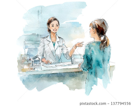 一幅水彩風格的插圖，描繪了一位女醫生和一位病人之間的問診場景。 137794556