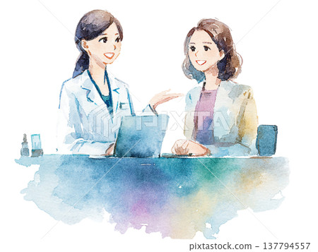 一幅水彩風格的插圖，描繪了一位女醫生和一位病人之間的問診場景。 137794557