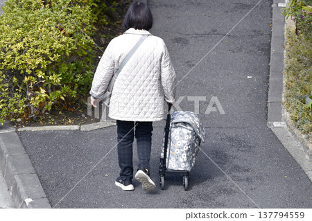 在日本橫濱，一位戴著口罩的老婦人坐在手推車上，由於手推車顛簸過路面，她行走十分困難……人生究竟是什麼？ 137794559