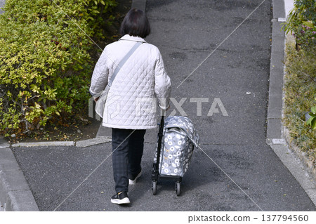 在日本橫濱，一位戴著口罩的老婦人坐在手推車上，由於手推車顛簸過路面，她行走十分困難……人生究竟是什麼？ 137794560