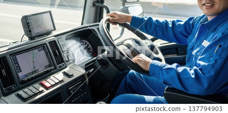 一名男性卡車司機正在工作；物流、運輸和工作環境的圖片。 137794903