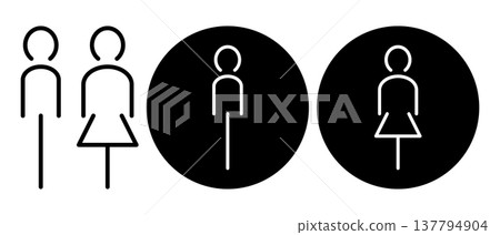 Gender icon. Man and woman icons. Minimalist restroom pictogram. WC and bathroom linear signage vector illustration. 137794904
