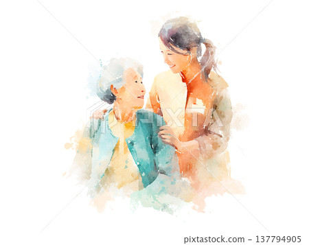 一幅水彩風格的插圖，描繪了一位護理師照顧一位老人的場景。 137794905