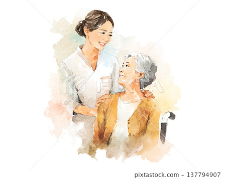 A watercolor-style illustration of a caregiver attending to an elderly person. 137794907
