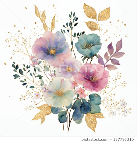 watercolor painting of leaf and flowers watercolor painting of leaf and flowers 137795310