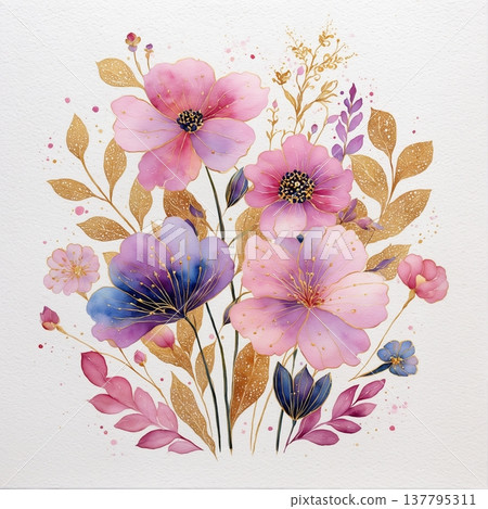 watercolor painting of leaf and flowers watercolor painting of leaf and flowers 137795311