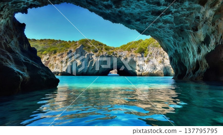 一位女子凝視著神秘洞穴中閃耀的藍色光芒——一個通往希望的奇幻藍色洞穴。 137795795