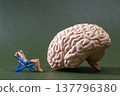 Miniature Man Relaxing on Chair Beside Human Brain Concept of Mental Health and Stress Relief 137796380