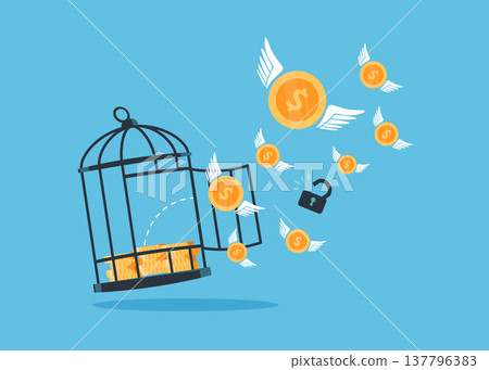 Money flying out from a large birdcage stock illustration. 137796383