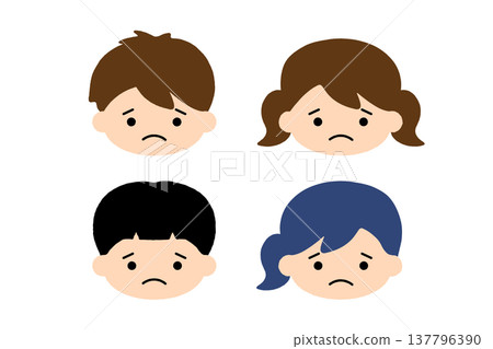 Sad child face icon set: Boy and girl with troubled expressions, kids character emotion illustrations. 137796390