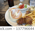 Fluffy pancakes and fried chicken cafe plate 137796644