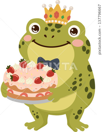 Cute frog wearing a golden crown and bow tie while holding a strawberry cake decorated with cream and sprinkles.  137796667