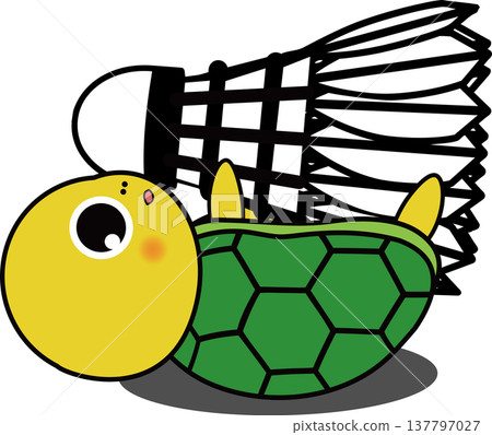 An illustration of a cute, laid-back character: a turtle hugging a badminton shuttlecock. 137797027