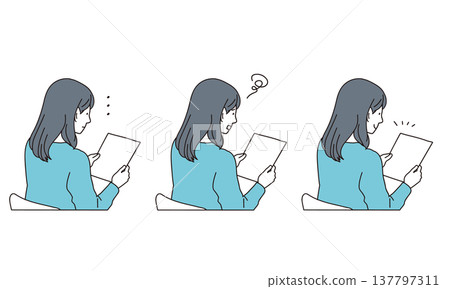 插圖素材:一位女士看著文件時的臉部表情 插圖素材:一位女士看著文件時的臉部表情 137797311