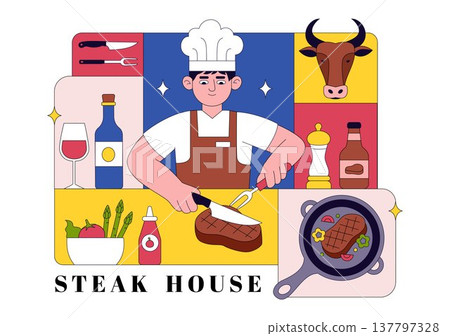 Steakhouse Restaurant Vector Illustration With Chef Grilling Beef Steak, Barbecue Kitchen Scene, Meat Menu Dining Concept And Culinary Food Service Steakhouse Restaurant Vector Illustration With Chef Grilling Beef Steak, Barbecue Kitchen Scene, Meat Menu Dining Concept And Culinary Food Service 137797328